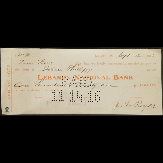 1916 Vendue Promissory Note Financial Document - Lebanon National Bank - Pennsylvania - Myerstown National Bank Ink Stamped - Punch Marked Paid November 14 1916