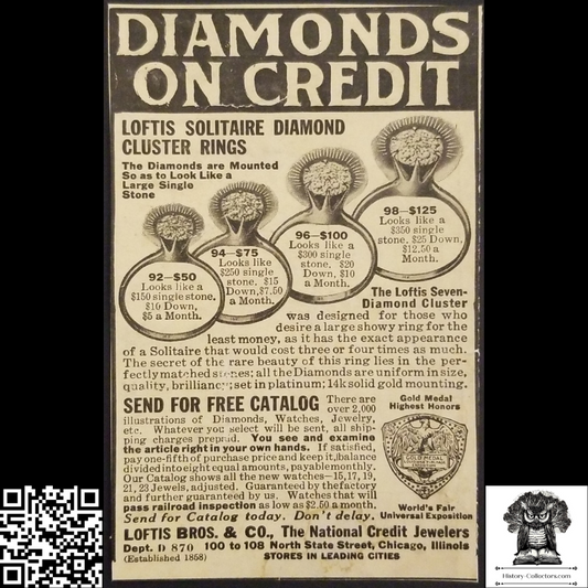 1917 Loftis Bros & Co Print Advertisement - Diamonds On Credit - Mail Order - North State Street - Chicago Illinois - World's Fair Exposition Gold Medal