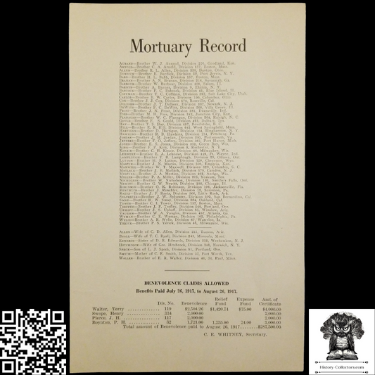 1917 Order Of Railway Conductors Mortuary Record - July August - Thanatology