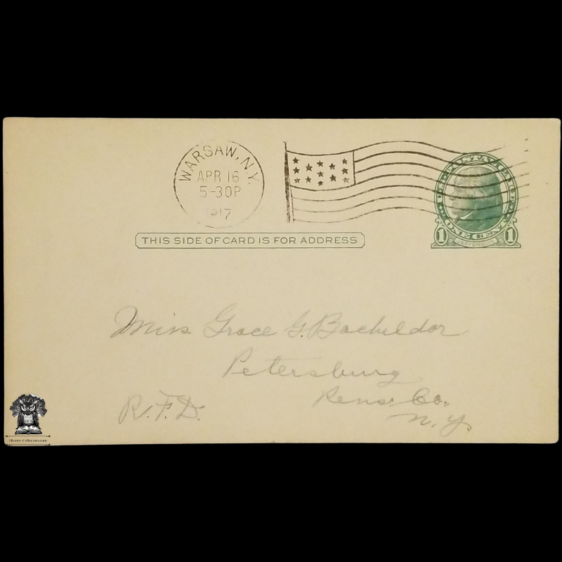 1917 Personal Postal Card - Petersburg NY - Rensselaer County - Warsaw NY - Wyoming County NY - One Cent Jefferson Green Scott UX27 - Machine Duplex American Flag Postal Cancel January 13 - RFD Rural Free Delivery - Postcard