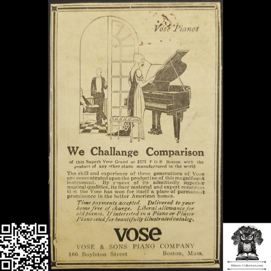 1917 Vose & Sons Piano Company Print Advertisement - 160 Boylston Street - Boston Massachusetts