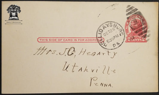 1918 Hegarty Utahville PA Personal Postcard - Postal Cancel Holidaysburg PA - Two Cent Jefferson Postal Card - Scott UX30