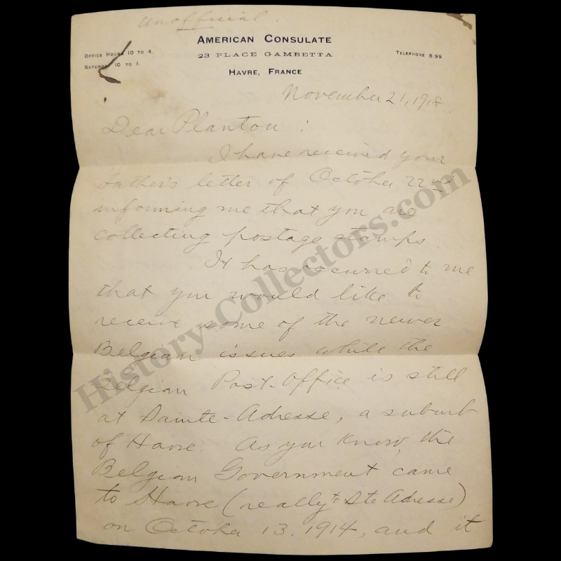 1918 WWI American Consular Cover - Belgian Govt In Exile - Havre France - Middleton Philadelphia Pennsylvania - Consulate Stationary - World War I Era - Ready For Framing