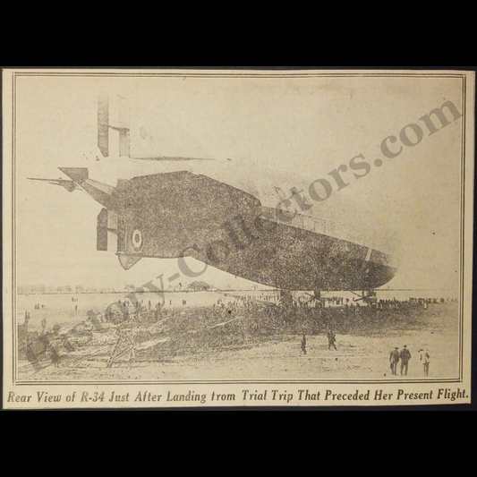 1919 British Rigid Airship R-34 Print Clipping - Transatlantic Aviation Flight - Progressive Era - Ready For Framing