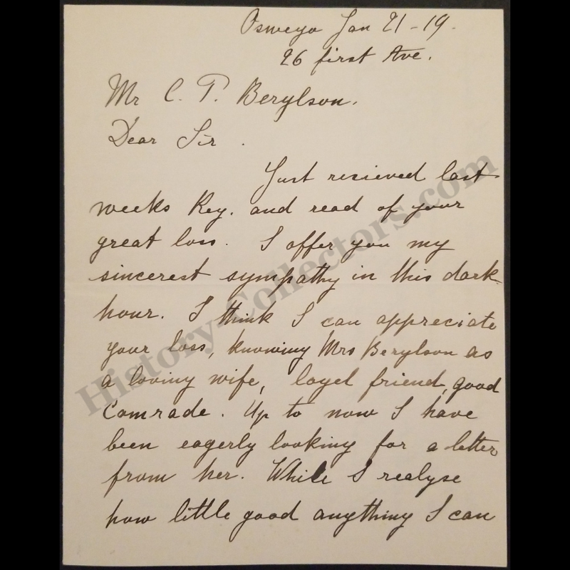 1919 Condolence Letter About Sarah Berylson - Written To Casper T. Berylson - Written From Bertha K. Heil - Oswego New York - January 21 - Progressive Era - Ready For Framing