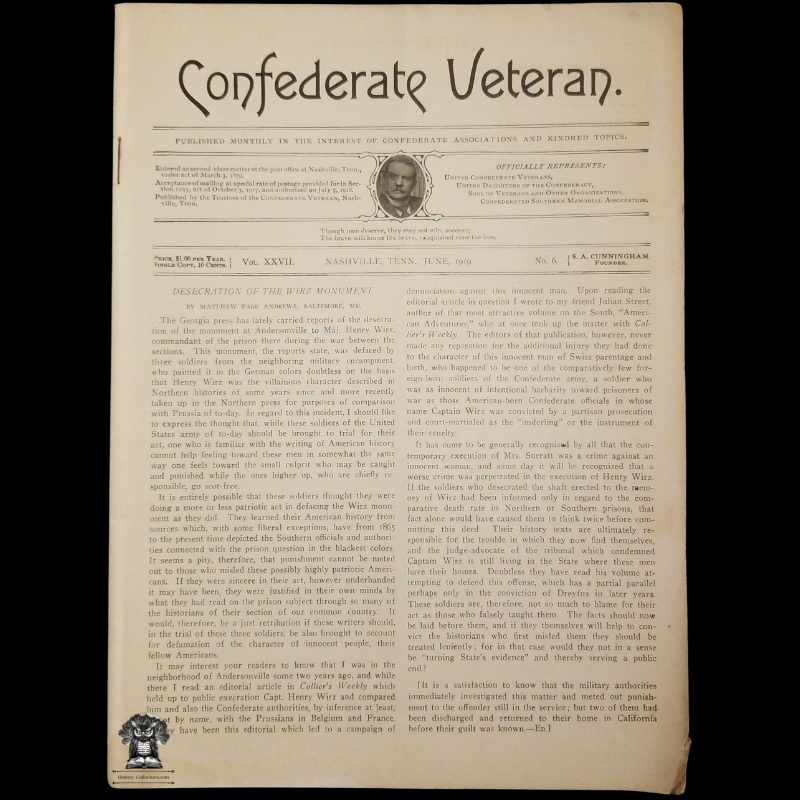 1919 Confederate Veteran Magazine - American Civil War - Confederate States Army - Nashville Tennessee - June Issue Volume XXVII