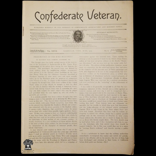 1919 Confederate Veteran Magazine - American Civil War - Confederate States Army - Nashville Tennessee - June Issue Volume XXVII