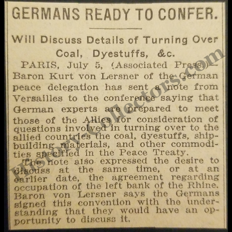1919 Associated Press War-Aftermath News Clipping – Germans Ready To Confer