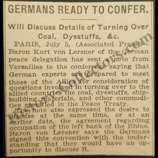 1919 Associated Press War-Aftermath News Clipping – Germans Ready To Confer