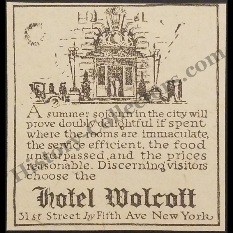 1919 Hotel Wolcott Print Advertisement Clipping - Architect John H. Duncan - Post WWI Era - Ready For Framing