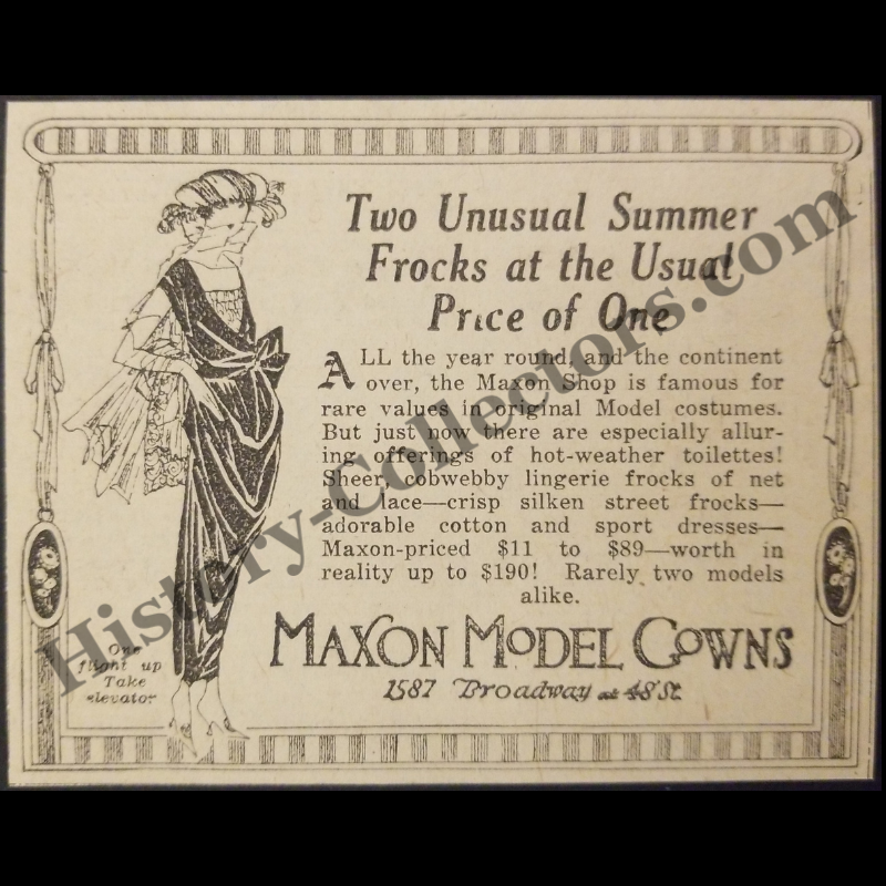 1919 Maxon Model Gowns Print Advertisement Clipping - Broadway New York Garment District - Post WWI Era - Ready For Framing