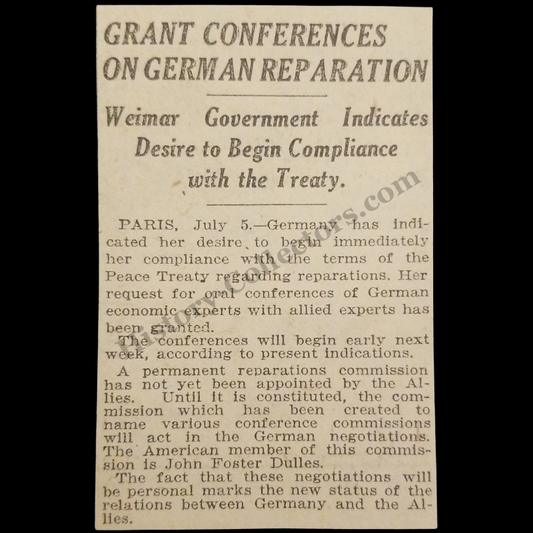 1919 WWI Treaty Of Versailles German Reparations Paris Talks Print Clipping - Post WWI Era - Ready For Framing