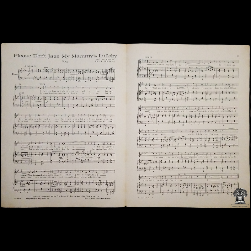 1920 Please Don't Jazz My Mammy's Lullaby Piano Sheet Music - Lyrics And Music - John E Broderick - Jerome H Remick & Co - New York - Detroit - Single Fold Open - Song Book