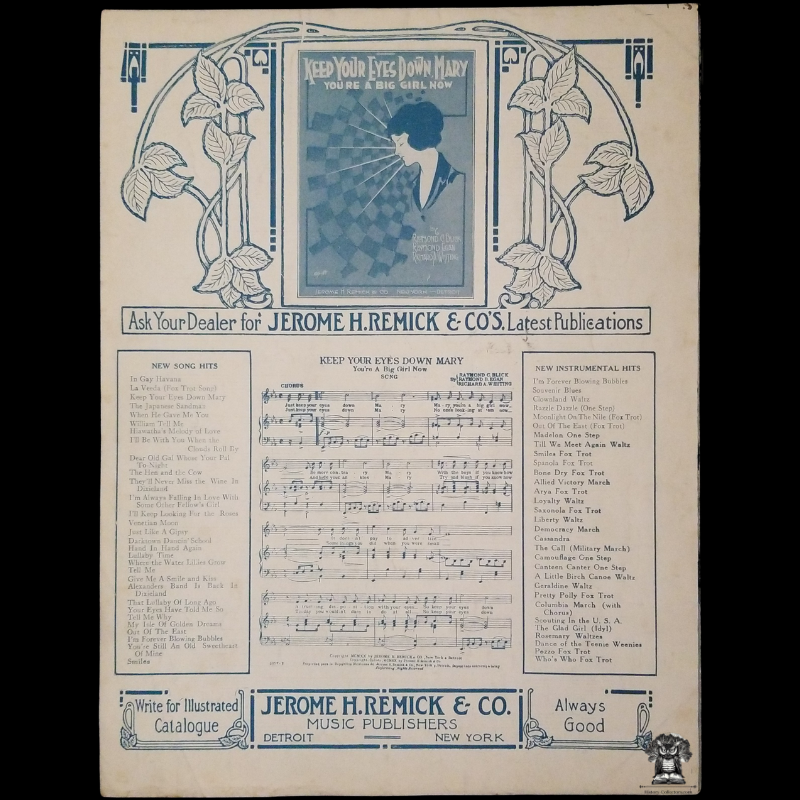 1920 Please Don't Jazz My Mammy's Lullaby Piano Sheet Music - Lyrics And Music - John E Broderick - Jerome H Remick & Co - New York - Detroit - Single Fold Open - Song Book