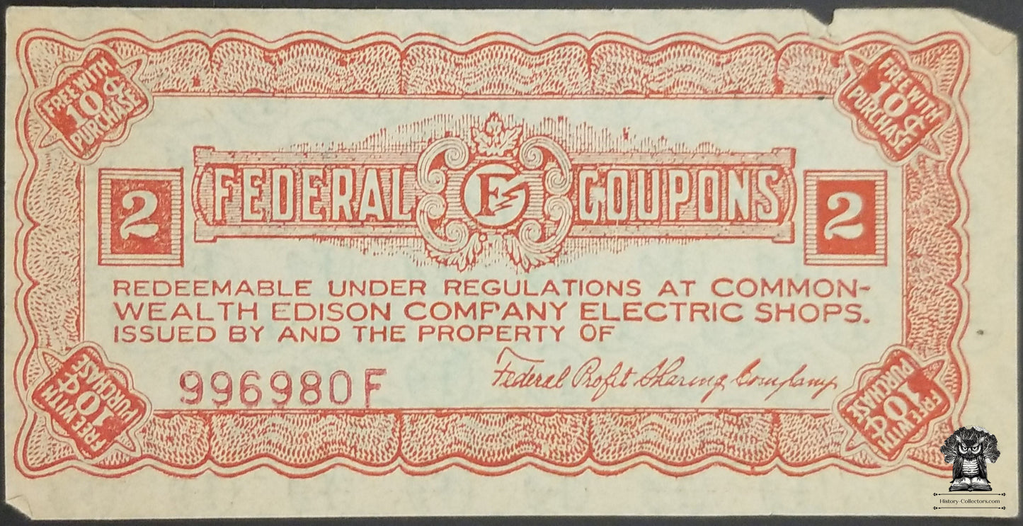1920s Federal Coupons Common Wealth Edison Company Electric Shops - Chicago IL