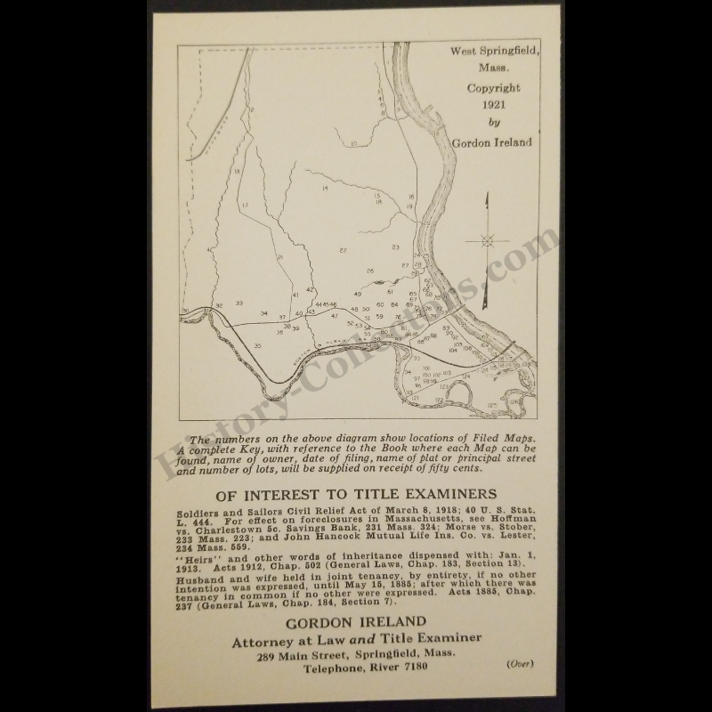 1921 Gordon Ireland Law West Springfield Massachusetts Title Examiner Advertising Card - 289 Main Street - Roaring Twenties Era - Ready For Framing