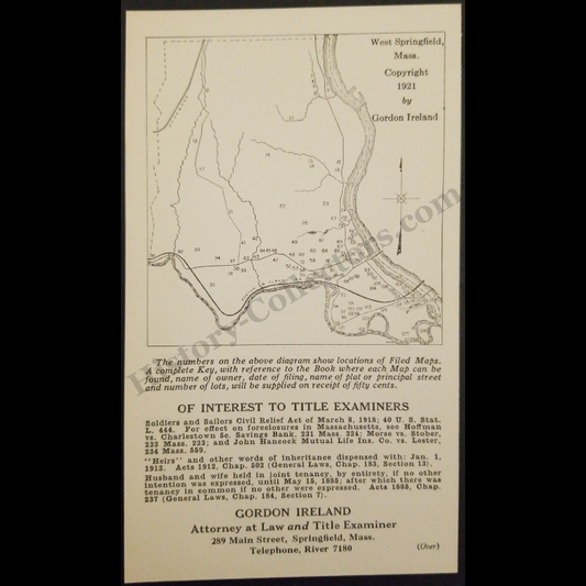 1921 Gordon Ireland Law West Springfield Massachusetts Title Examiner Advertising Card - 289 Main Street - Roaring Twenties Era - Ready For Framing