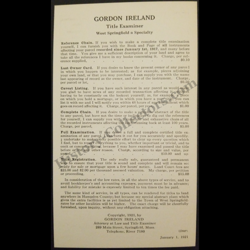 1921 Gordon Ireland Law West Springfield Massachusetts Title Examiner Advertising Card - 289 Main Street - Roaring Twenties Era - Ready For Framing