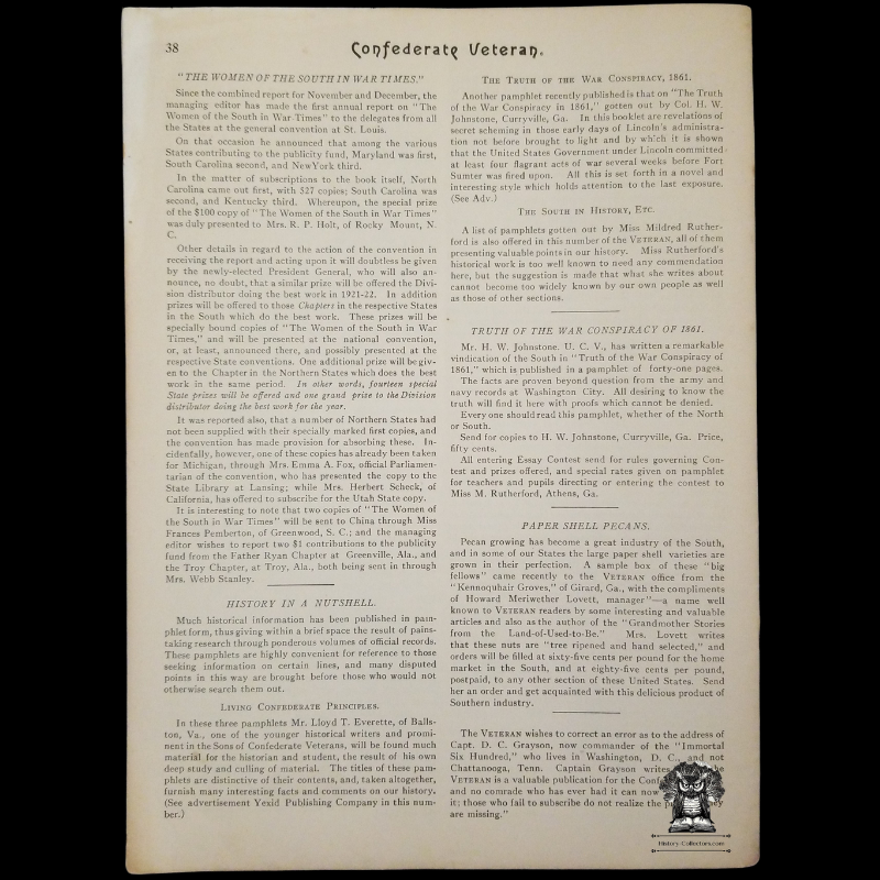 1922 Confederate Veteran Magazine - American Civil War - Confederate States Army - Nashville Tennessee - January Issue Volume XXX