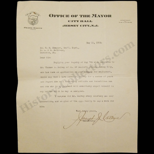 1923 Frank Hague Mayor Office Letterhead Employment Recommendation Endorsement Letter - Jersey City New Jersey - Delaware Lackawanna Western Railroad - H.H. Shepard General Superintendent - Thomas F. Mulvey - May 11