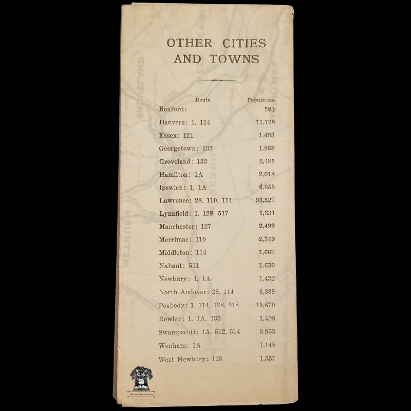 1926 Essex County Massachusetts Automobile Highway Road Map - Gloucester Chamber Of Commerce - Cities Towns - Population Levels - Tourism