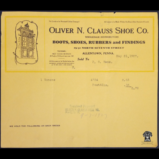 1927 Oliver N Clauss Shoe Co Billhead Receipt - Allentown PA - 29-31 N Seventh Street - Wholesale Distributors - Boots Rubbers - Brick Storefront Vignette