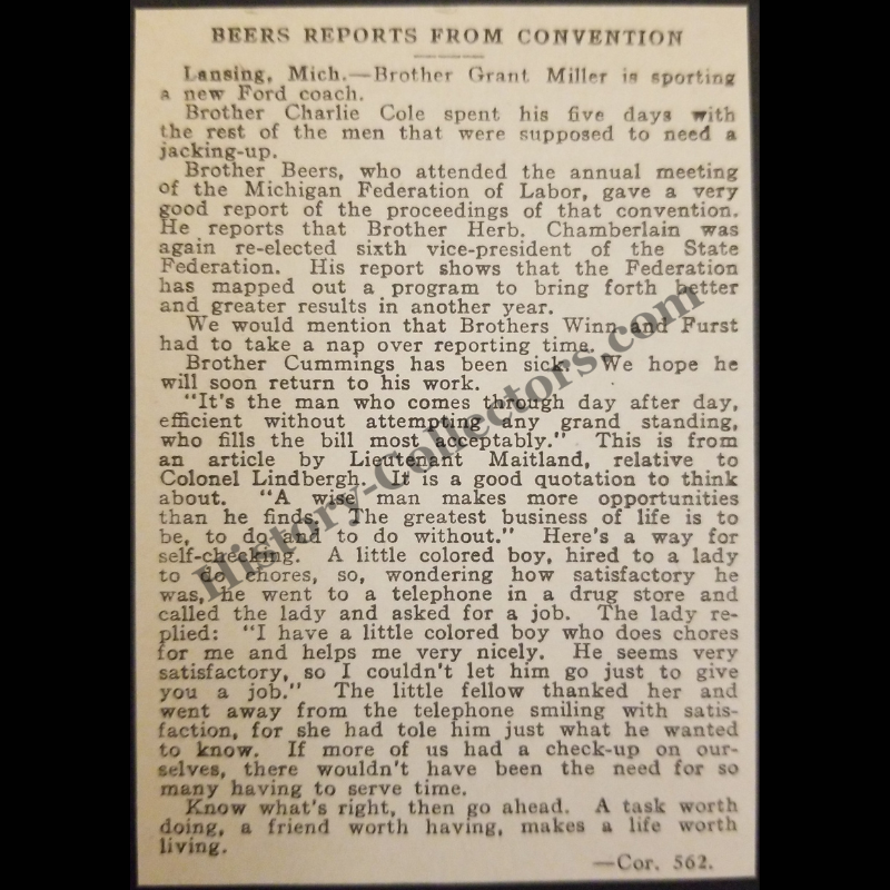 1928 Amalgamated Association Of Street And Electric Railway Employees Of America Division No. 562 Print Clipping - Lansing Michigan - Railway Union Trade Journal - Black Americana - Roaring Twenties Era - Ready For Framing