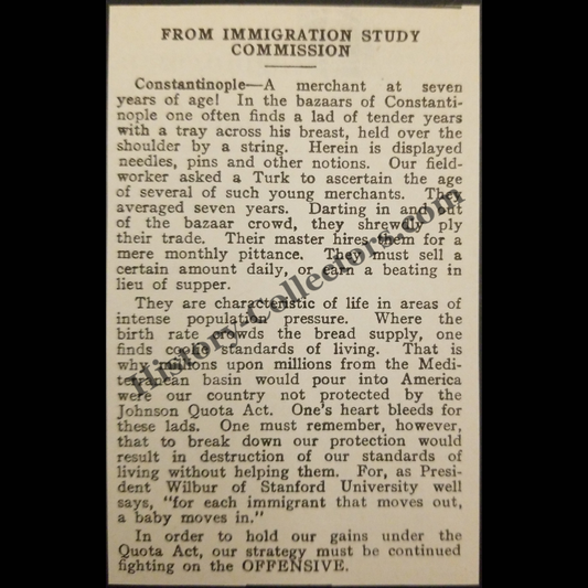 1928 Immigration Study Commission Print Clipping - Child Labor In Constantinople - Johnson-Reed Immigration Act Of 1924 - Roaring Twenties Era - Ready For Framing