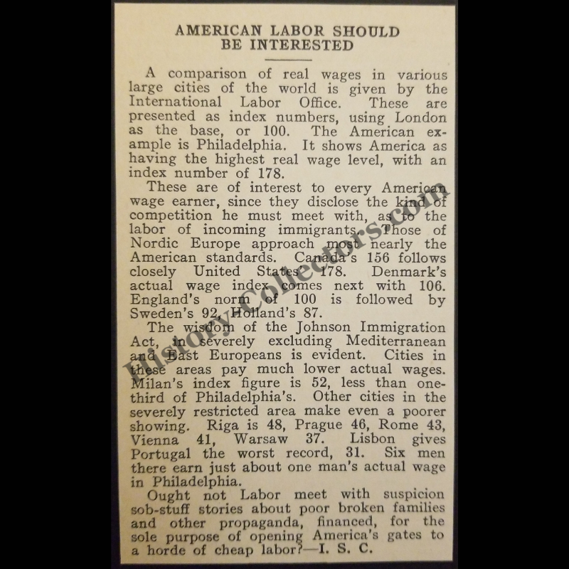 1928 International Labor Office Print Clipping - Johnson-Reed Immigration Act Of 1924 - Roaring Twenties Era - Ready For Framing