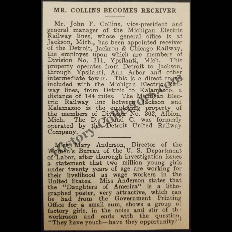 1928 John F. Collins Appointed Receiver Of The Detroit Jackson & Chicago Railway Print Clipping - Ypsilanti Michigan - Michigan Electric Railway - Jackson Michigan - Mary Anderson - Women’s Bureau U.S. Department Of Labor