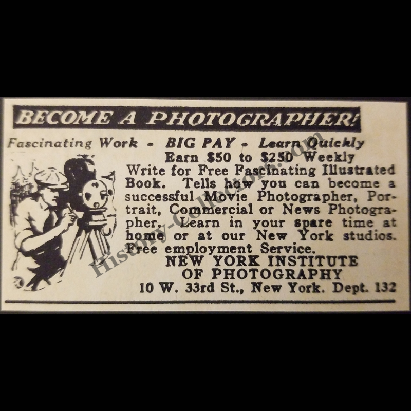 1928 New York Institute Of Photography Print Advertisement Clipping - 10 West 33rd St - Vocational Marketing - Roaring Twenties Era - Ready For Framing