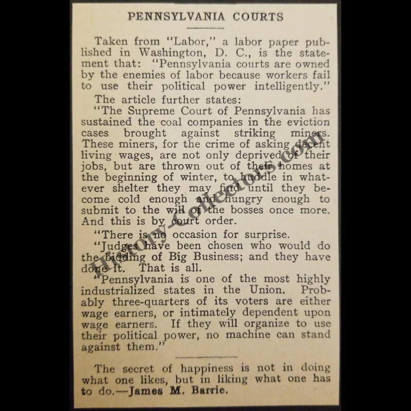 1928 Pennsylvania Courts Union Labor Striking Miners Print Clipping - Union Wage Workers - James M. Barrie Quote - Roaring Twenties Era - Ready For Framing