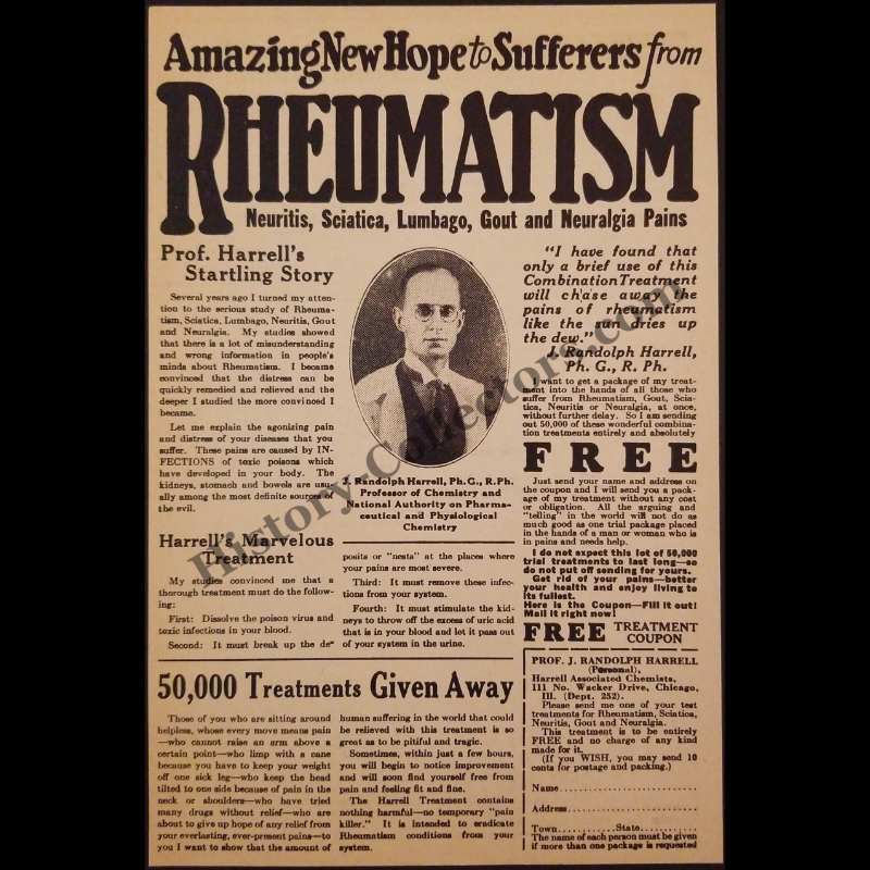 1928 Rheumatism Treatment Prof. J. Randolph Harrell Print Advertisement Clipping - Pharmaceutical Chemistry - Marketing - Roaring Twenties Era - Ready For Framing
