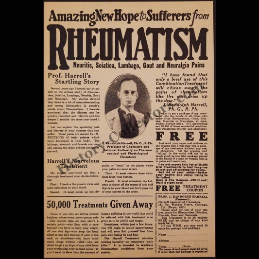1928 Rheumatism Treatment Prof. J. Randolph Harrell Print Advertisement Clipping - Pharmaceutical Chemistry - Marketing - Roaring Twenties Era - Ready For Framing