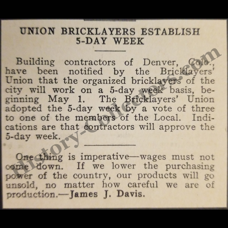 1928 Union Bricklayers Approve Five-Day Work Week Print Clipping - Denver Colorado - James J. Davis - U.S. Secretary Of Labor - Roaring Twenties Era - Ready For Framing