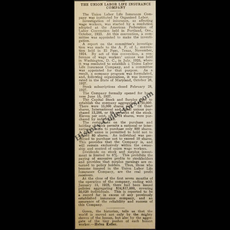 1928 Union Labor Life Insurance Company Print Clipping - Lock-Out Dispute - American Federation Of Labor Convention - Union Wage Workers - Helen Keller Quote - Roaring Twenties Era - Ready For Framing