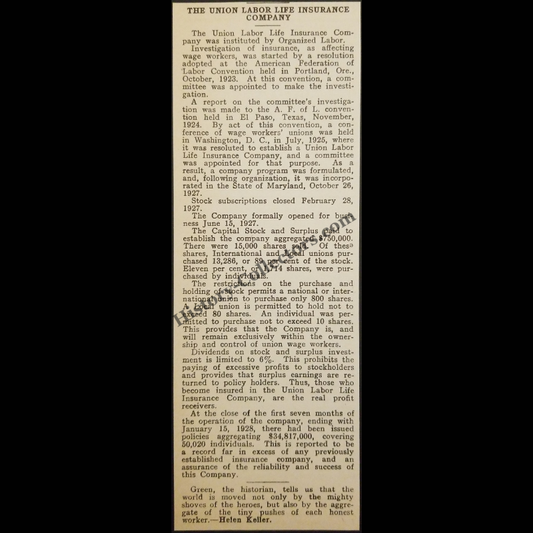 1928 Union Labor Life Insurance Company Print Clipping - Lock-Out Dispute - American Federation Of Labor Convention - Union Wage Workers - Helen Keller Quote - Roaring Twenties Era - Ready For Framing