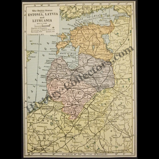 1929 Estonia Latvia Lithuania Geography Map - C.S. Hammond And Company New York - Interwar Post-WWI Period - Roaring Twenties Era - Ready For Framing