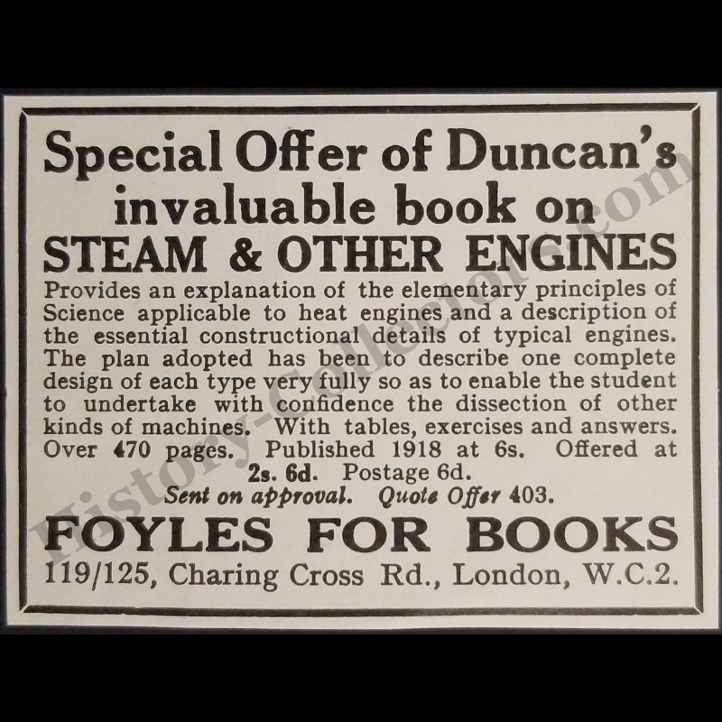 1929 Foyles For Books Print Advertisement Clipping - 119/125 Charing Cross Road W.C.2 London England - Duncan’s Book On Steam And Other Engines - Ready For Framing