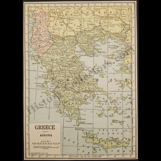 1929 Greece Albania Geography Map - C.S. Hammond And Company New York - Interwar Post-WWI Period - Roaring Twenties Era - Ready For Framing