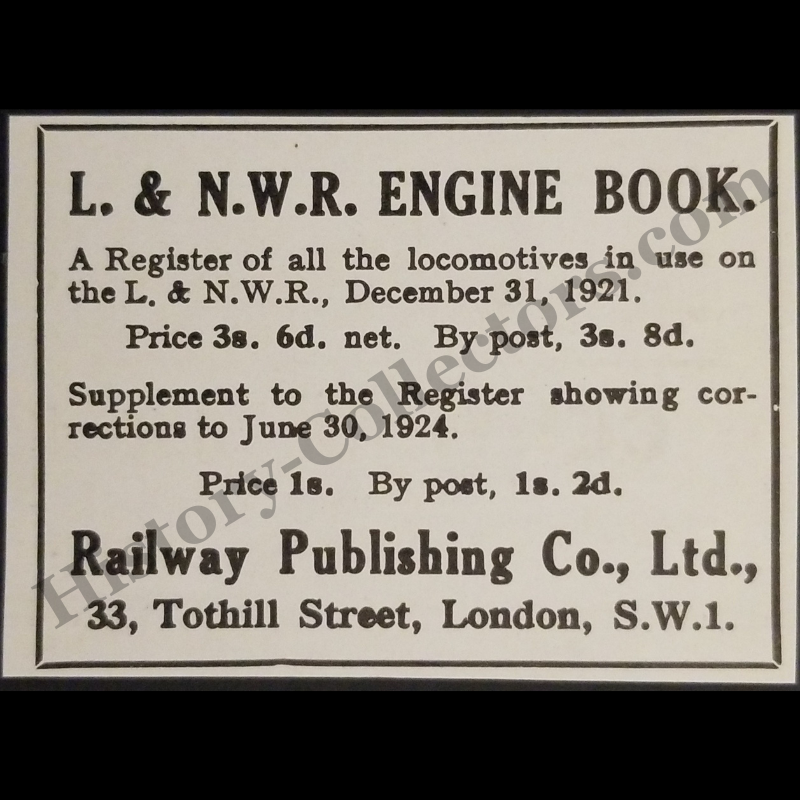 1929 L. & N.W.R. Engine Book Roster Print Advertisement Clipping - Railway Publishing Company - 33 Tothill Street London S.W.1 England - London And North Western Railway - Ready For Framing