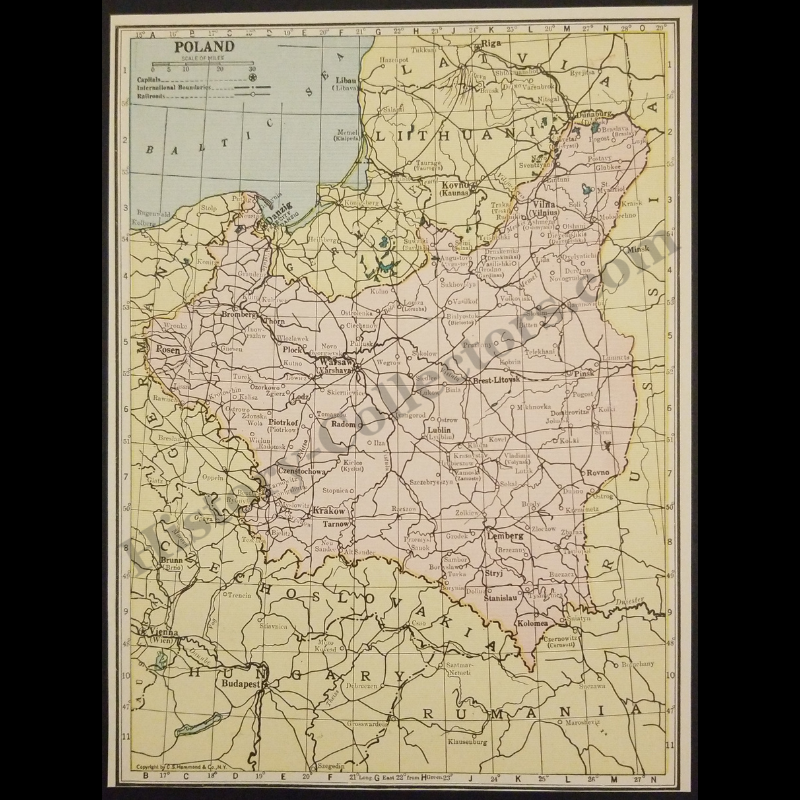 1929 Poland Geography Map - C.S. Hammond And Company New York - Interwar Post-WWI Period - Roaring Twenties Era - Ready For Framing