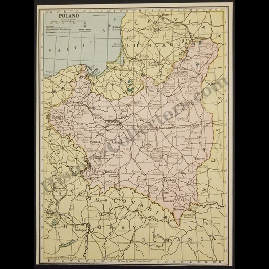 1929 Poland Geography Map - C.S. Hammond And Company New York - Interwar Post-WWI Period - Roaring Twenties Era - Ready For Framing