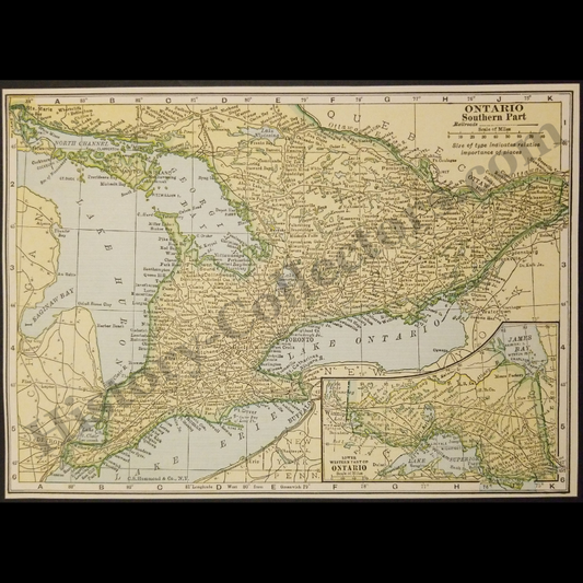 1929 Southern Ontario Canada Geography Map - C.S. Hammond And Company New York - Great Lakes Basin - Railroad Lines - Roaring Twenties Era - Ready For Framing