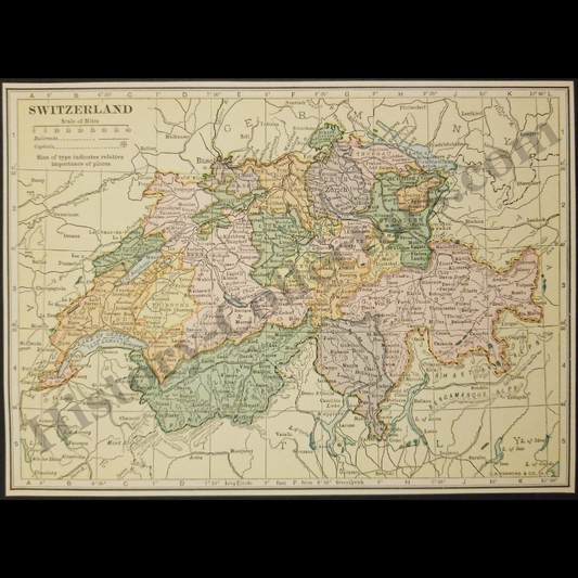 1929 Switzerland Geography Map - C.S. Hammond And Company New York - Interwar Post-WWI Period - Roaring Twenties Era - Ready For Framing