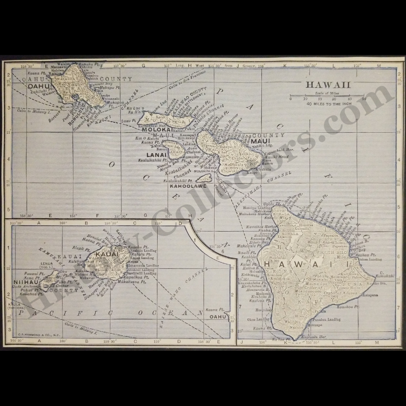 1929 Territory Of Hawaii Islands Map - Submarine Cables - Pacific Maritime Routes - Roaring Twenties Era - Ready For Framing