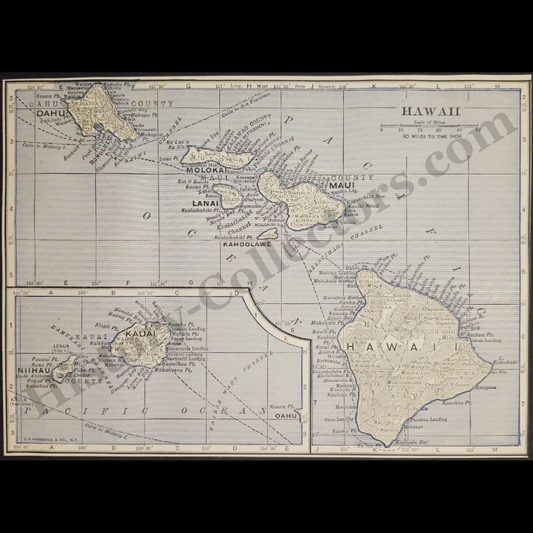 1929 Territory Of Hawaii Islands Map - Submarine Cables - Pacific Maritime Routes - Roaring Twenties Era - Ready For Framing