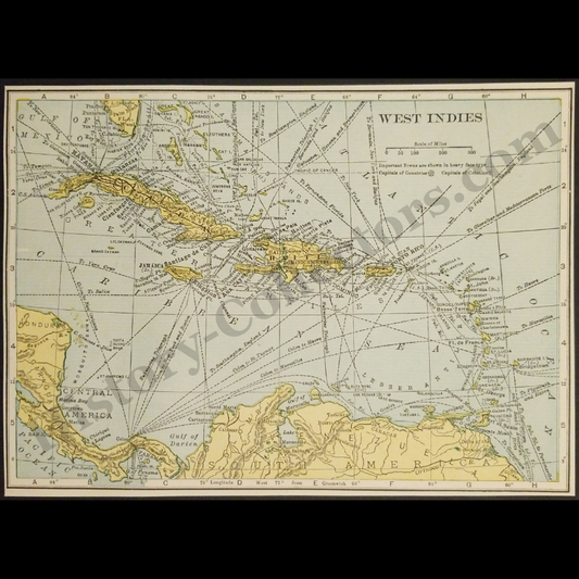 1929 West Indies Map - Caribbean Basin - Steamship Routes - Submarine Telegraph - Roaring Twenties Era - Ready For Framing
