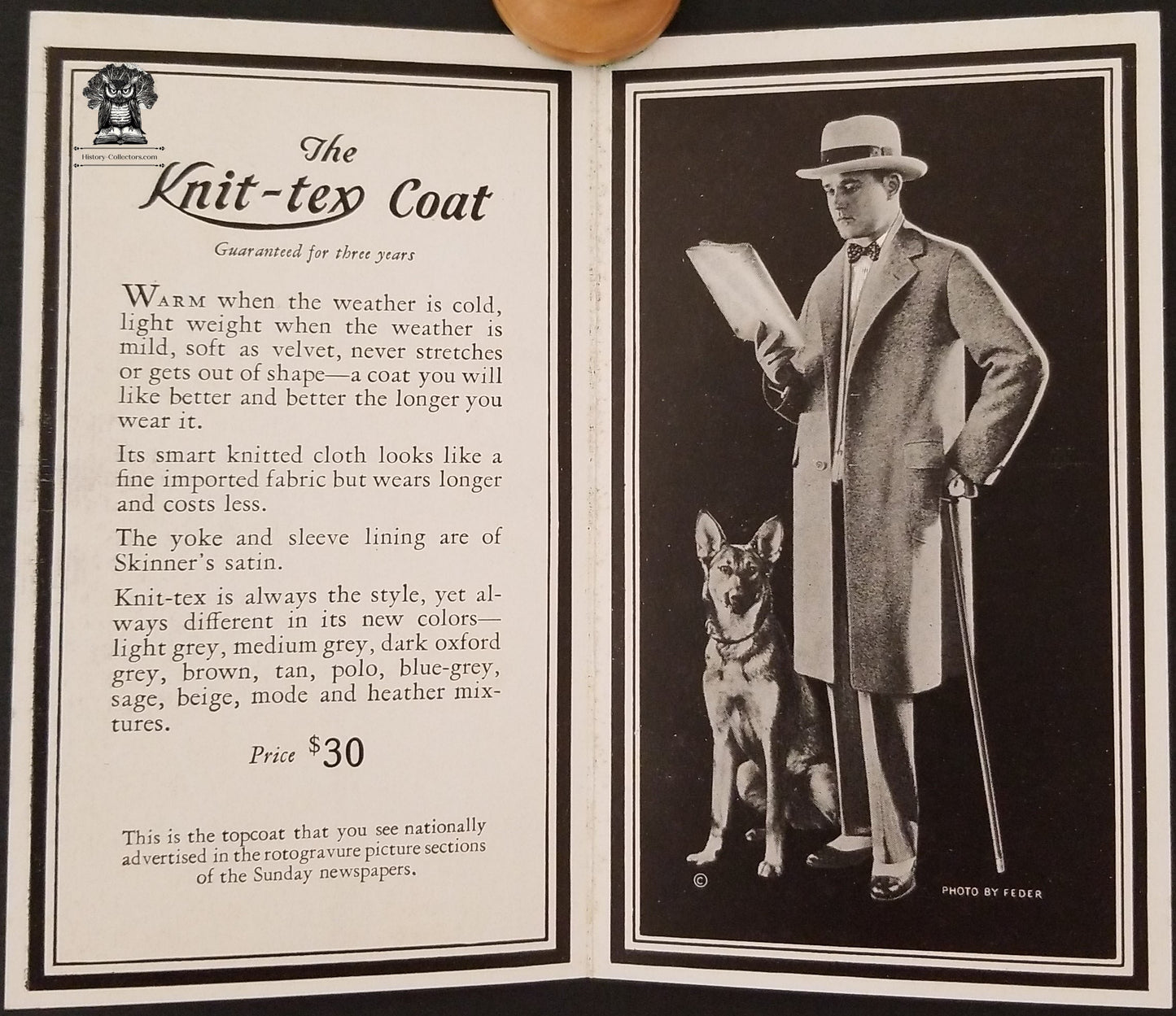 1930s Men's Knit-Tex Coat Advertising Pamphlet Clothing Overcoat Topcoat Feder