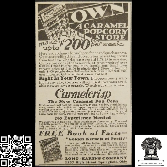 1931 Caramel Popcorn Franchise Business Print Advertisement Clipping - Long-Eakins Company - Springfield Ohio - Great Depression Era - Ready For Framing